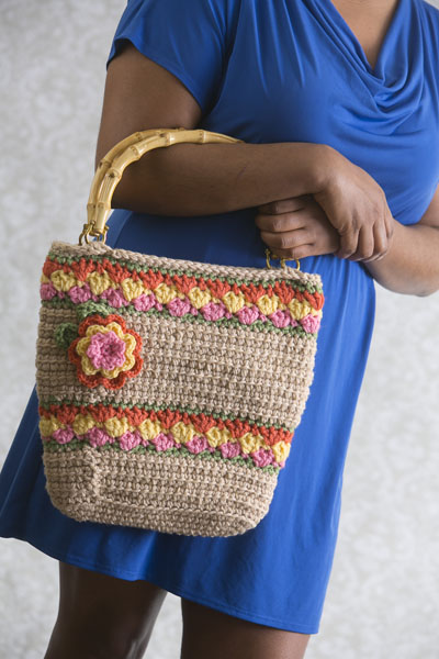 Crochet Granny Square Lined Bamboo Handle Handbag Purse Tote Bag